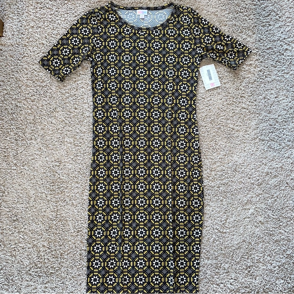 Lularoe Julia Fitted Dress Knit Bodycon Black Gold Cream Geo Flowers Size Medium